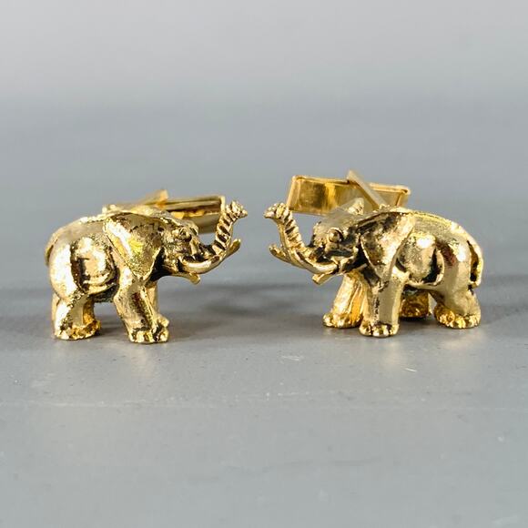 VINTAGE Gold Elephants Metal Cuff Links - Picture 1 of 3
